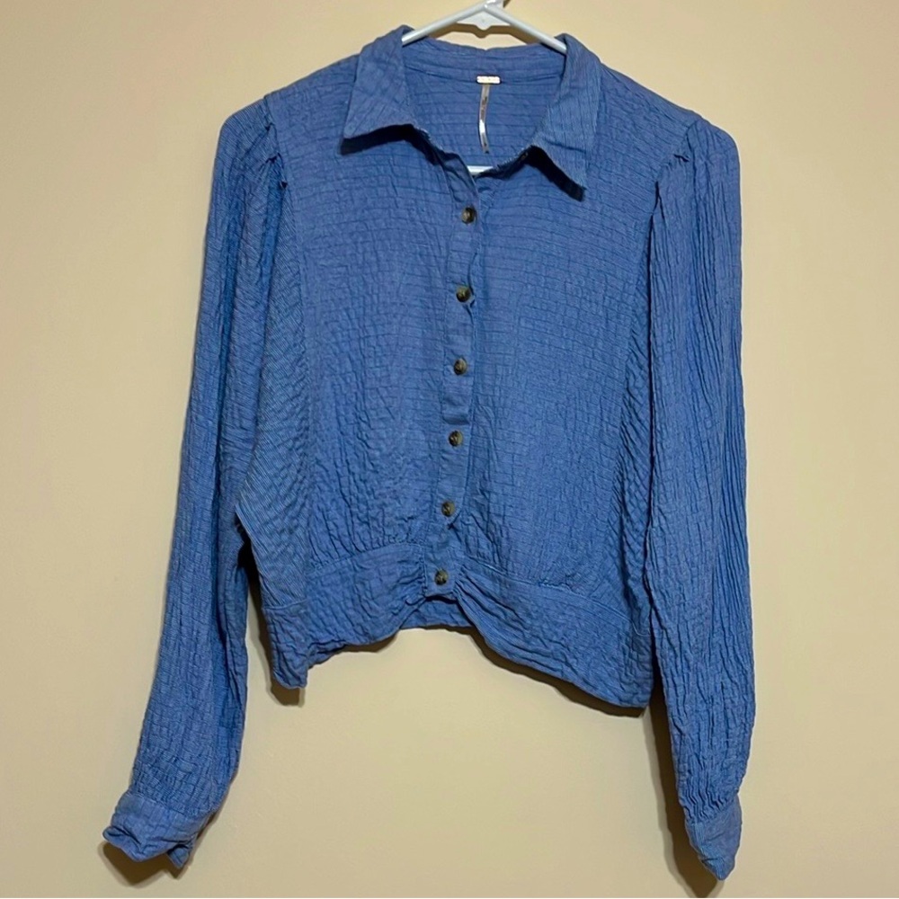 Free People Blue Button-Down Crinkle Long Sleeve Shirt